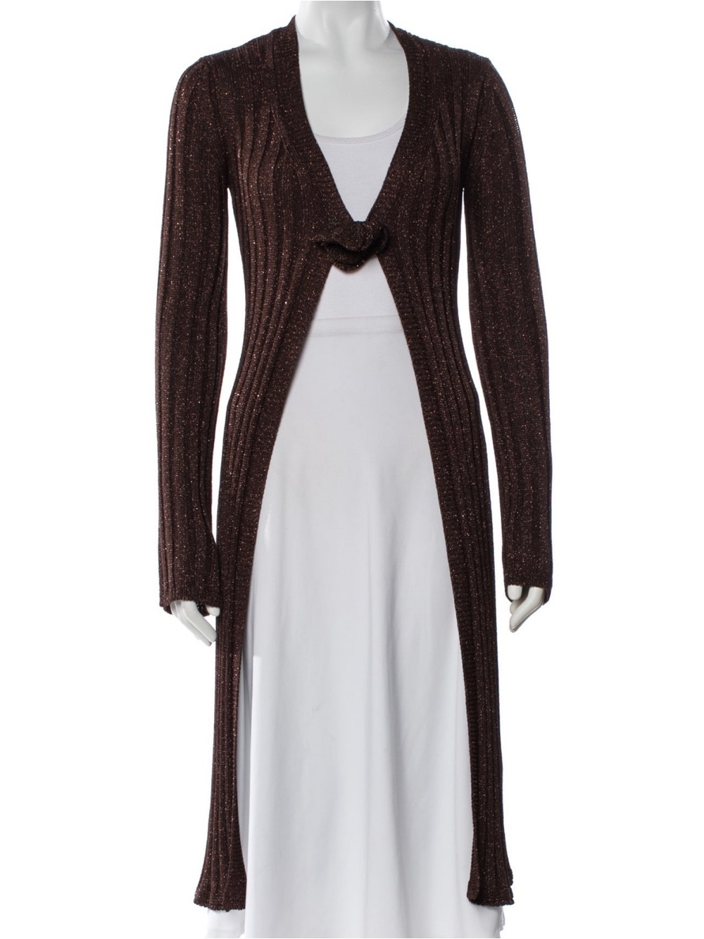 ASTA RESORT Long Lins Knit Open-Front Cardigan Dress Brown Gold Shimmer Flare M
